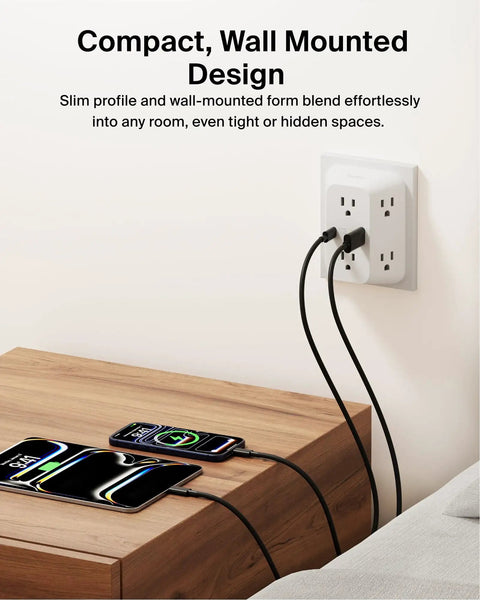 Wall-mounted Six Outlet Surge Protector Power Strip With USB C And USB A Ports For PD Fast Charge ETL Listed 1680 Joules Protection
