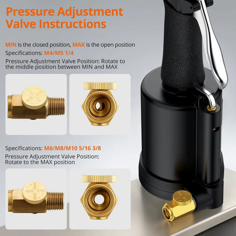 Your Go To Heavy Duty Pneumatic Hydraulic Rivet Nut Set Kit With Eight Mandrels showing pressure adjustment valve details for installation.