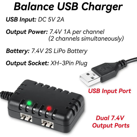 7.4V LiPo Battery Charger 2 in 1 USB Cable For RC Cars 2S Batteries XH3P Plug Dual Output Ports Visible