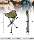 Slacker Tripod Camping Chair For Hiking And Fishing, Ultra Lightweight Foldable Seat with dimensions and folded view