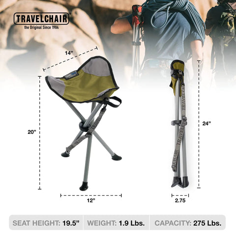 Slacker Tripod Camping Chair For Hiking And Fishing, Ultra Lightweight Foldable Seat with dimensions and folded view