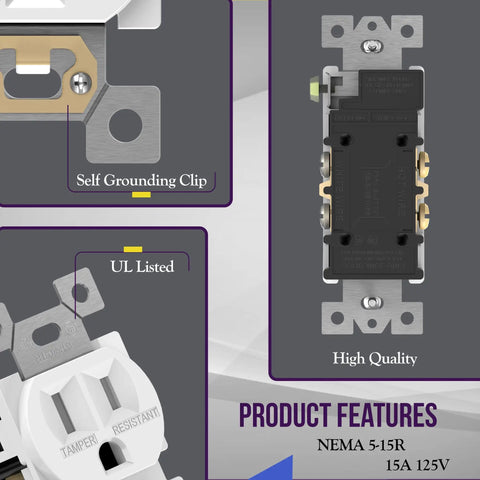 Tamper Resistant Duplex Receptacle Outlets 15A 125V Self-Grounding 3-Wire 2-Pole White, UL Listed, product features image