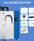 Top Tier Jewelry Steam Cleaner With Foot Pedal And Heavy Duty Stainless Steel Tank For Kicking Stubborn Dirt Loose On Gold Bands Silver Charms Glasses And Dentures Straight Up Brilliant Shine Every Single Time side view with accessories.