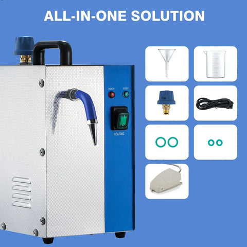 Top Tier Jewelry Steam Cleaner With Foot Pedal And Heavy Duty Stainless Steel Tank For Kicking Stubborn Dirt Loose On Gold Bands Silver Charms Glasses And Dentures Straight Up Brilliant Shine Every Single Time side view with accessories.