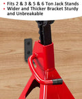 Close-up of Eight Pack Jack Stand Wall Mount Organizer with a red 3-ton jack stand hanging on a wooden wall mount.