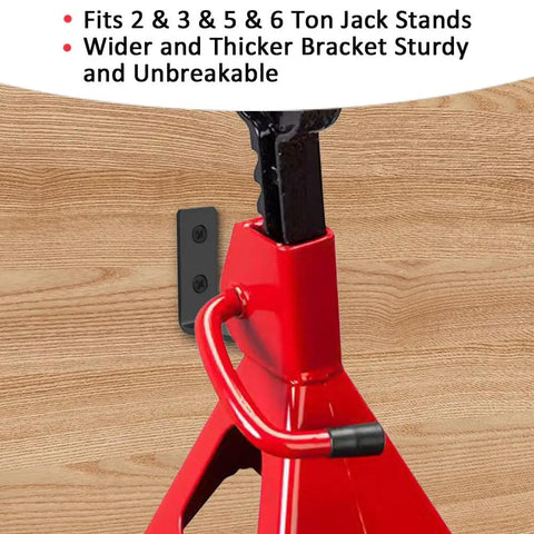 Close-up of Eight Pack Jack Stand Wall Mount Organizer with a red 3-ton jack stand hanging on a wooden wall mount.