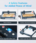 Image showing 40W Laser Engraving Tool With Automated Air Assist For Home DIY Carving On Wood Metal Paper Acrylic Glass Leather And More Pro Grade High Speed Laser Cutter with 4 safety features: flame detector, position movement protection, upgrade safety lock, and X and Y axis limit switches.