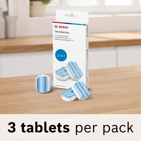 Bosch VeroSeries box with 3 blue and white tablets on a table, labeled '2-in-1' and '3 tablets per pack', for VeroCafe Espresso Machines.