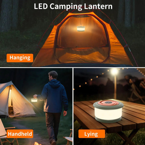 3 In 1 Camping Light And String Set With 32.8 Ft Reach shown in tent, handheld, and on picnic table
