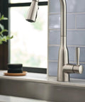 Top Shelf Stainless Steel Pull Down Kitchen Faucet Featuring One Handle High Arc Design With Fast Wash Power Boost And Smudge Resistant Matte Finish For Quick Cleanup And No Hassle Setup Plus Smooth Retractable Spray Hose Operation in kitchen setting.