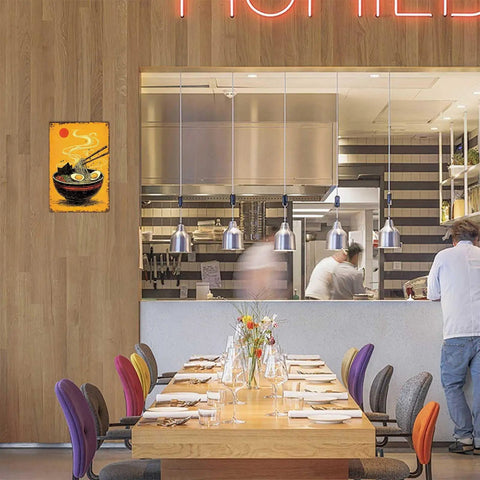 Restaurant interior with Funny Vintage Metal Sign Featuring Steaming Bowl Of Ramen Illustration Tin Sign on wooden wall.