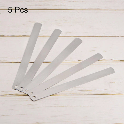 Five Mn-steel feeler gauge blades, 0.2mm thick, 150mm long for metric gap measurement.