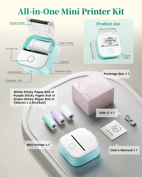 Compact T02 Mini Sticker Printer with Bluetooth label maker and inkless thermal printing, shown with packaging and components.