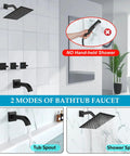 Three Handle Tub Shower Faucet Set With Rainfall Shower Head, Matte Black Square Wall Mount Trim Kit, 8 Inch Rain Bath System
