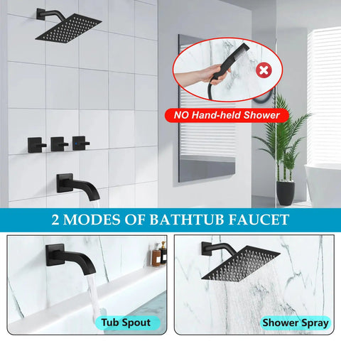 Three Handle Tub Shower Faucet Set With Rainfall Shower Head, Matte Black Square Wall Mount Trim Kit, 8 Inch Rain Bath System