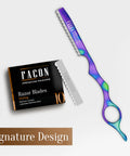 Professional Hair Cutting Razor Kit With Stainless Steel Feather Styling Blade And 11 Replacement Inserts For Pro Thinning Texturizing And Precision Cuts For Salons And Home Use Featuring Secure Grip And Keen Edge Design To Help You Slay Crisp Fades showing colorful razor and blade packaging.