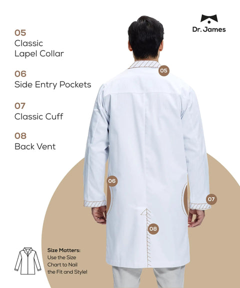 Back view of Premium Unisex Lab Coat With Phone And Tablet Pockets 39 Inch Classic Fit Snap Closure 100 Percent Cotton Comfort