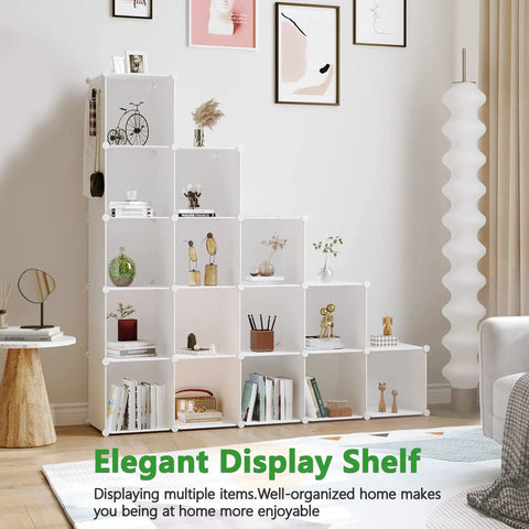 Modular Cube Storage Organizer For Home And Bedroom 16 Cube DIY Closet Shelves System displayed with books and decor items
