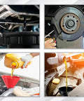 8 Piece Auto Oil Change Kit With 4 Wide Mouth Flexible Funnels, oil pouring into red funnel and black drain pan for cars
