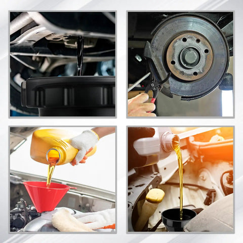 8 Piece Auto Oil Change Kit With 4 Wide Mouth Flexible Funnels, oil pouring into red funnel and black drain pan for cars