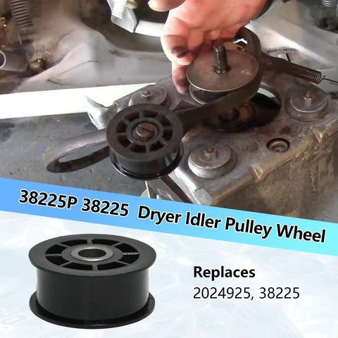 Idler Pulley Replacement Part 38225P For Home Washers That Keeps Drive Belt Tension And Smooths Transmission OEM Quality Wheel 38225P For Quiet Reliable Laundry Day Performance Easy Install And Long Lasting Durability For Everyday Use, black plastic pulley installed on washer