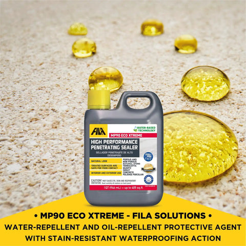 MP90 ECO Xtreme Natural Look Stone Sealer And Stain Protector For All Natural Stone And Polished Porcelain Tile Grout Eco Friendly 1 Qt bottle on stone surface with water repellent beads