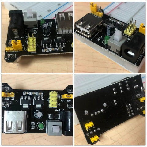 Portable 5V Breadboard Power Supply Module for MB102, 6.5 to 12V Input, Safe Up To 33V, Stabilized Output, Plug And Play Power Board for School Labs, Hobbyists, and Industrial Electronics Projects. Black PCB with USB and barrel jack
