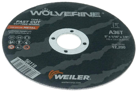 Five Inch Fast Cutting Wheel For Steel And Metal With Wolverine AO One Sixteenth Inch Thick Type One Seven Eighths Inch Arbor