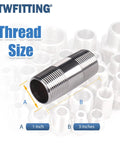 Stainless Steel 316 Pipe Nipple Fitting 3 Inch Long With 1 Inch Male NPT For Beefy Plumbing Upgrades In Water Gas And Air Lines Silver Pack Of 1 Corrosion Resistant 316 Stainless Steel Construction. Thread size chart showing 1-inch by 3-inch nipple