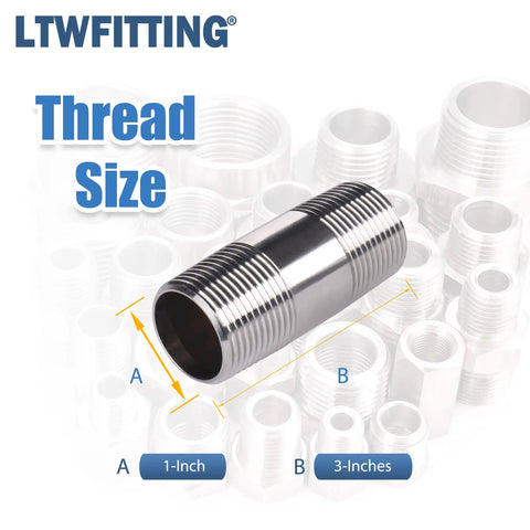 Stainless Steel 316 Pipe Nipple Fitting 3 Inch Long With 1 Inch Male NPT For Beefy Plumbing Upgrades In Water Gas And Air Lines Silver Pack Of 1 Corrosion Resistant 316 Stainless Steel Construction. Thread size chart showing 1-inch by 3-inch nipple