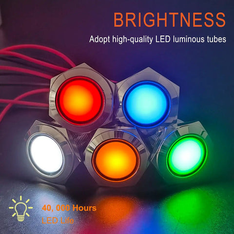 Two Pack 22mm Metal Indicator Light Seven Eighths Inch Mounting Hole 110-220 VAC IP67 Waterproof Flat Head LED Pilot Lamp With 20cm Wire Blue For Car Boat Truck Durable Brass Nickel Plated Case, five lit colors