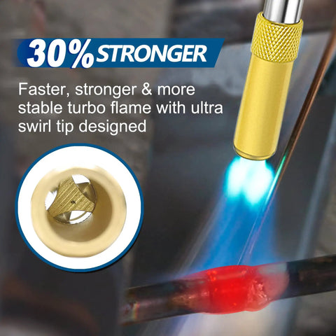 Propane Torch Head With 4.7 Foot Hose For Easy Reach And Precise Work MAP Pro Gas Torch Kit with brass tip and flame in action