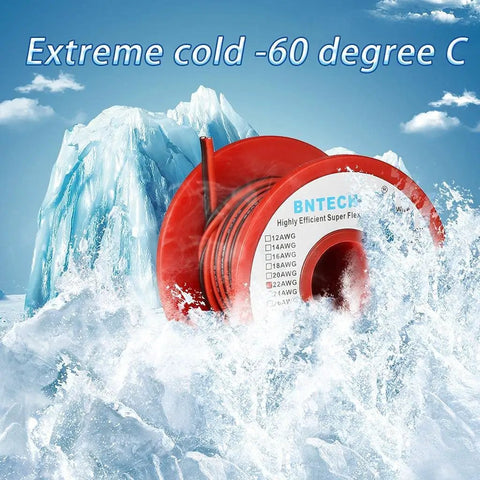 22 Gauge Flexible Two Conductor Parallel Silicone Wire Spool in red, showcased with icy background for high temperature resistance.