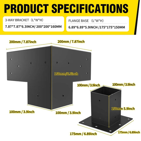 Heavy Duty Steel 3-Way Pergola Brackets Kit for 3.5x3.5 Inch Lumber specifications, black powder coat, shown dimensions