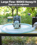 Straight Shooter Honey Filter Transfer Pump Featuring Durable 80 Mesh Stainless Screen For Zero Drama Beekeeping And Smooth Hauling Of Viscous Syrups And Paste on a table with adjustable flow.
