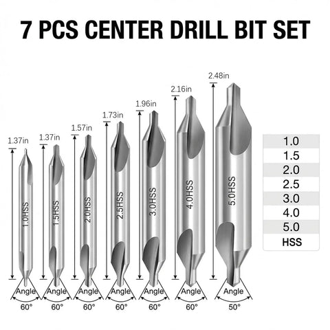 Kickass Center Drill Bit Set Built For Heavy Lifting And Precision Spotting On Steel Aluminum Or Cast Iron Lathe Machines For Any Serious Shop Upgrade Today, seven HSS bits from 1.0 to 5.0 mm.