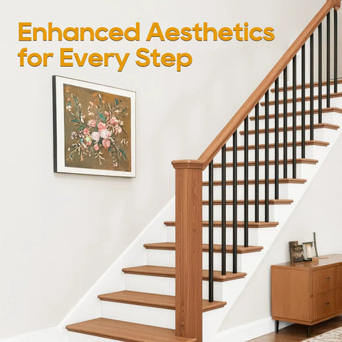 Thirty Pack Heavy Duty Wrought Iron Balusters 1/2 By 44 Inch, Knockout Black Finish, Square Hollow Staircase Spindles installed in a staircase.