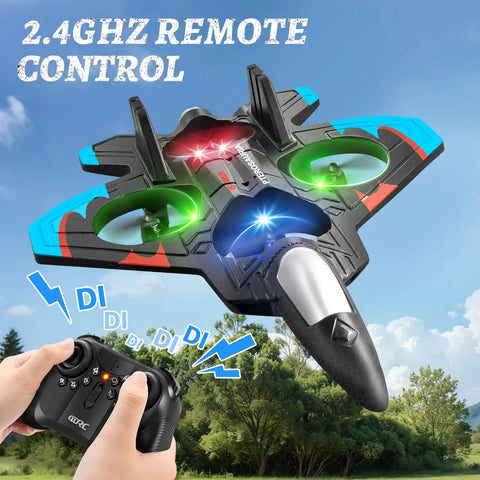 Foam RC Plane For Kids And Adults With Two Batteries, 360 Degree Flips, LED Lights flying with controller in outdoor setting