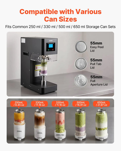 Commercial Auto Can Sealer Machine With One Touch Operation Works Like A Charm To Secure Aluminum Cans Airtight Lock In Crisp Taste And Keep Drinks Ice Cold Solid Heavy Duty Workhorse Unit with various can sizes displayed.