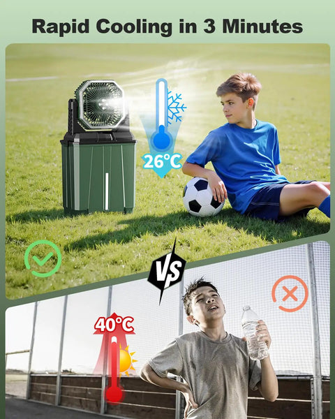 All In One Misting Fan With 24000mAh Battery And 8L Water Tank For Outdoor Cooling In Use On Sports Field With Player
