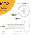 Diagram of Heavy Duty 10-32 Rack Screws 50 Pack For Server Racks And Network Cabinets With Nylon Washers dimensions and details.