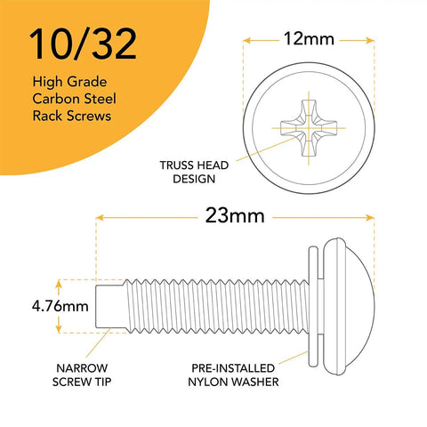 Diagram of Heavy Duty 10-32 Rack Screws 50 Pack For Server Racks And Network Cabinets With Nylon Washers dimensions and details.