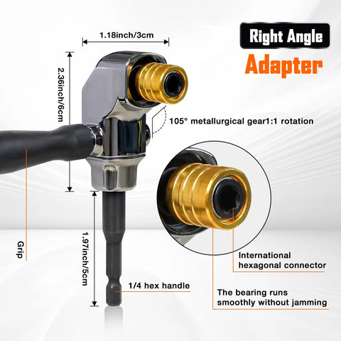 Close-up of right angle adapter from Flexible Drill Bit Extension Kit With 105 Degree Right Angle Adapter Magnetic Bit Holders.