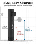 Heavy Duty 4 Pack Table Leg Extenders Raise Height From 3.6 To 5.2 Inches shown with adjustable lock pin for two height levels.