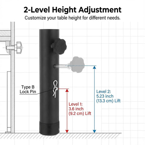 Heavy Duty 4 Pack Table Leg Extenders Raise Height From 3.6 To 5.2 Inches shown with adjustable lock pin for two height levels.