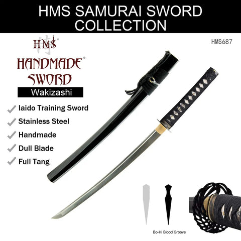 Unsharpened Stainless Steel Wakizashi Iaito For Iaido Training 21 Inch Practice Sword with Fuller Groove shown with sheath
