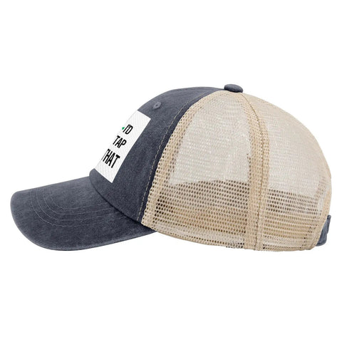 I'd Tap That Cool Hats For Men Women Unisex Trucker Cap with Adjustable Strap, side view showing mesh back and washed cotton front.