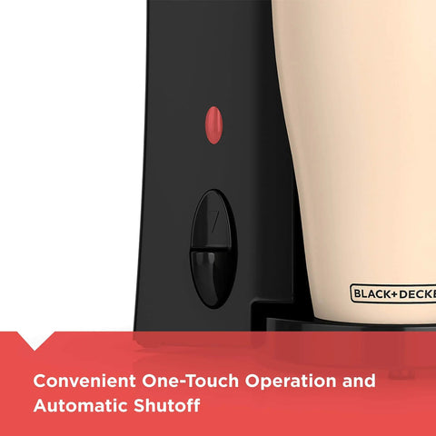 Close-up of Compact Brew And Go Personal Coffee Maker with Travel Mug showing power button and auto shutoff feature.