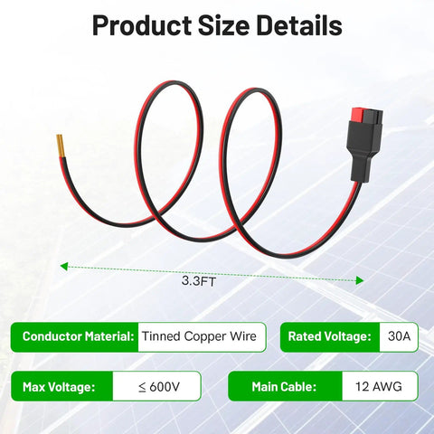 Heavy Duty 12 AWG Extension Cable With Anderson Powerpole Connectors For Portable Solar Generators Controllers And Battery DIY Projects 30A Rated UV And Temperature Resistant 3.3 Ft Length showing size and specifications