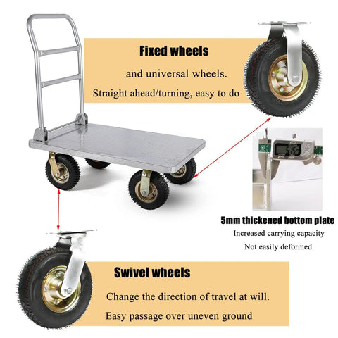 Tough As Nails Heavy Duty Rubber Swivel Casters With Pneumatic Trolley Wheels For Industrial Cart And Furniture Featuring 440 Pound Load Capacity And Smooth Roll Shock Absorption Sets Of Four on a flatbed cart.